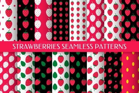 Set of 16 strawberry seamless patterns. Summer berries vector background.  .. Illustrazione stock