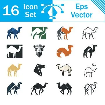 Set of 16 stylized camel and desert animal vector icons with wildlife Stock Illustration