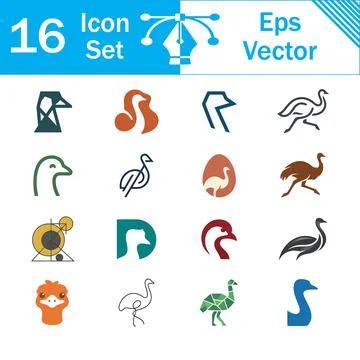 Set of 16 stylized ostrich bird animal vector icons and logos with wildlife Stock Illustration