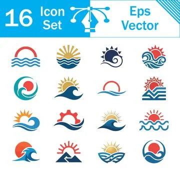 Set of 16 sun and ocean wave vector icons with marine motifs sea icon tropica Illustrazione stock