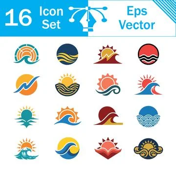 Set of 16 sun and ocean wave logo icons and symbols with summer icon Stock Illustration