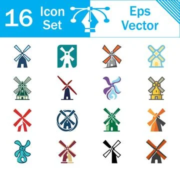 Set of 16 traditional dutch windmill vector icons and symbols with architectu Ilustración de archivo