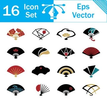 Set of 16 traditional folding hand fan icons in vector format with japanese Stock Illustration