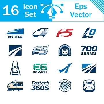 Set of 16 train and bullet train transport icons in blue and white with tem.. Stock-Illustration