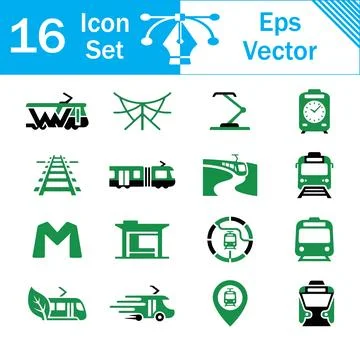 Set of 16 train and tram public transportation vector design icons with ico.. Stock-Illustration