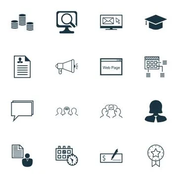 Set Of 16 Universal Editable Icons For Project Management, Advertising And Sc Stock Illustration