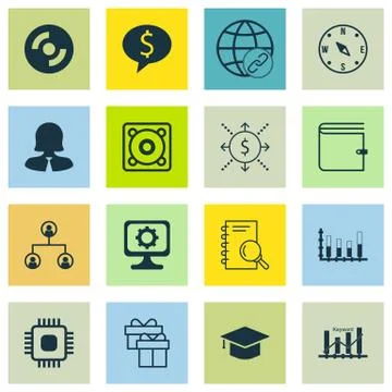 Set Of 16 Universal Editable Icons For Statistics, Computer Hardware And Hr T Stock Illustration