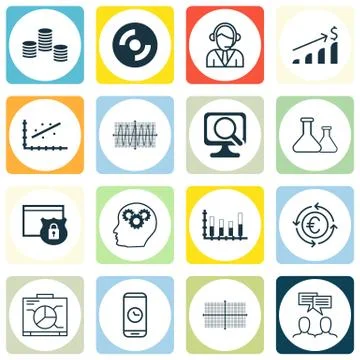 Set Of 16 Universal Editable Icons For Statistics, Hr And SEO Topics. Include Stock Illustration