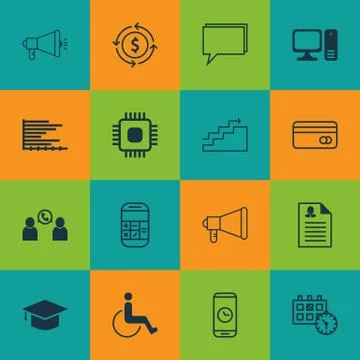 Set Of 16 Universal Editable Icons For School, Computer Hardware And Statisti Stock Illustration