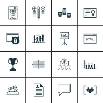 Set Of 16 Universal Editable Icons For Statistics, Hr And SEO Topics. Include Stock Illustration