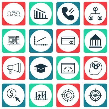 Set Of 16 Universal Editable Icons For Business Management, SEO And Tourism T Illustrazione stock