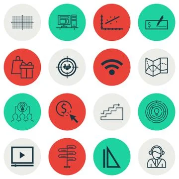 Set Of 16 Universal Editable Icons For Statistics, Computer Hardware And Trav Stock Illustration