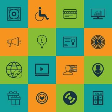 Set Of 16 Universal Editable Icons. Can Be Used For Web, Mobile And App Desig Stock Illustration