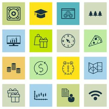 Set Of 16 Universal Editable Icons. Can Be Used For Web, Mobile And App Desig Stock Illustration