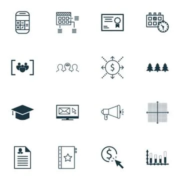 Set Of 16 Universal Editable Icons. Can Be Used For Web, Mobile And App Desig Stock Illustration