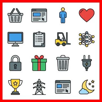 Set of 16 Universal Flat Color Filled Lines Icons for Web and Mobile Applic.. 库存插图