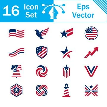 Set of 16 usa patriotic vector icons featuring flags stars and symbols Stock Illustration