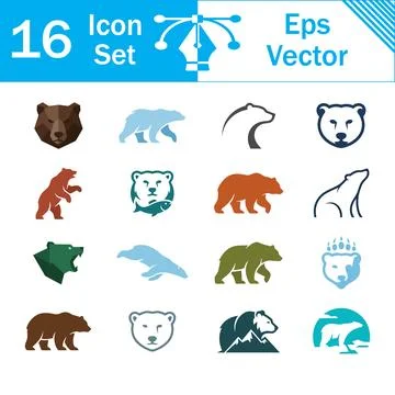 Set of 16 vector bear icons and wild animal symbols in flat design style Stock Illustration