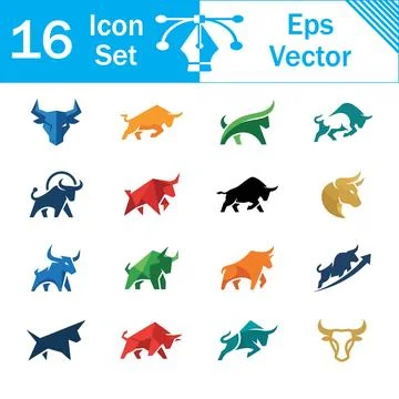 Set of 16 vector bull symbols and icons in geometric poly style with low poly Stock Illustration