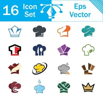 Set of 16 vector chef hat icons and culinary symbols with restaurant owner Stock Illustration