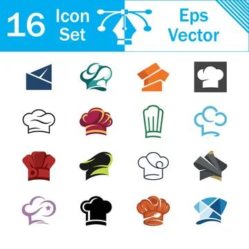 Set of 16 vector chef hat icons in various creative styles with culinary Illustrazione stock