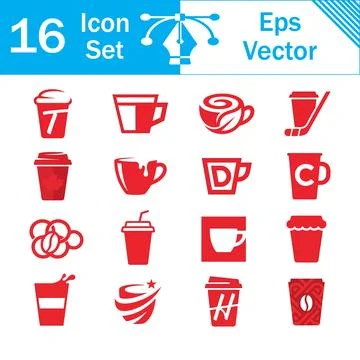 Set of 16 vector coffee cup icons in red style with paper cup Stock Illustration