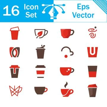 Set of 16 vector coffee cup and cafe drink icons in red and brown with bevera Stock Illustration