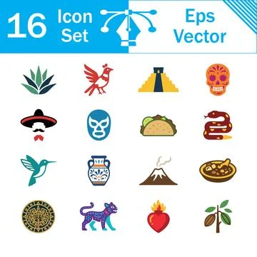 Set of 16 vector flat icons representing mexican heritage and ancient culture Stock Illustration