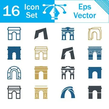 Set of 16 vector icons depicting various architectural triumphal arch designs Stock Illustration