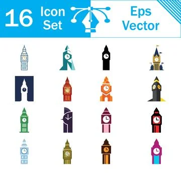 Set of 16 vector icons depicting big ben clock tower in london with icon set 스톡 일러스트