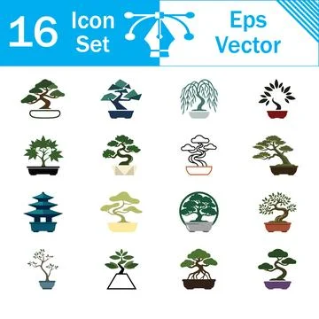 Set of 16 vector icons depicting miniature bonsai trees and plants with ico.. Illustrazione stock