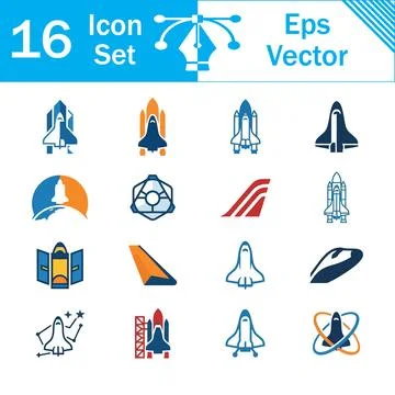 Set of 16 vector icons depicting space shuttles and rockets with space shuttl Stock Illustration