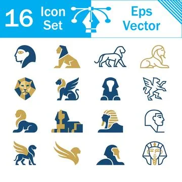 Set of 16 vector icons depicting ancient egyptian sphinxes and pharaohs 스톡 일러스트
