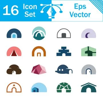 Set of 16 vector icons depicting various domes and igloos with ice house Stock Illustration