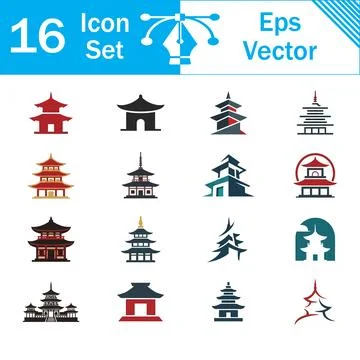 Set of 16 vector icons depicting various styles of asian pagodas with icon se Ilustración de archivo