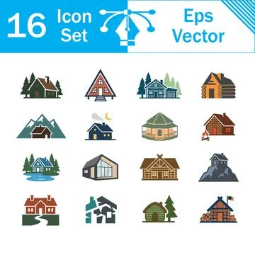 Set of 16 vector icons depicting wooden cabins and mountain forest houses Stock Illustration