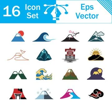 Set of 16 vector icons depicting mount fuji and japanese scenery with icon se イラスト素材