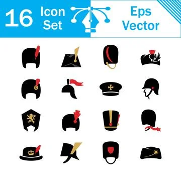 Set of 16 vector icons depicting military hats and caps with feathers Stock Illustration