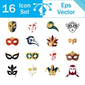 Set of 16 vector icons depicting masquerade masks and carnival faces Stock Illustration