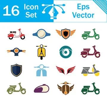 Set of 16 vector icons displaying motorcycle and scooter parts and shields Stock Illustration