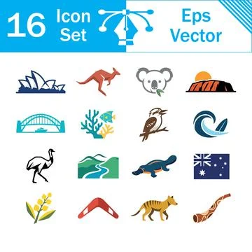 Set of 16 vector icons featuring australian landmarks wildlife and symbols Stock Illustration