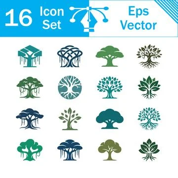 Set of 16 vector icons featuring various banyan trees and plants Stock Illustration