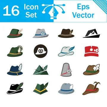 Set of 16 vector icons featuring traditional tyrolean hats with feathers Stock Illustration