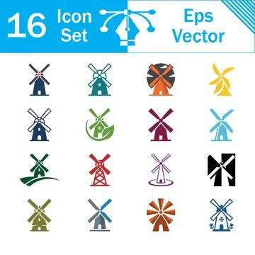 Set of 16 vector icons featuring windmills and renewable energy structures Stock Illustration