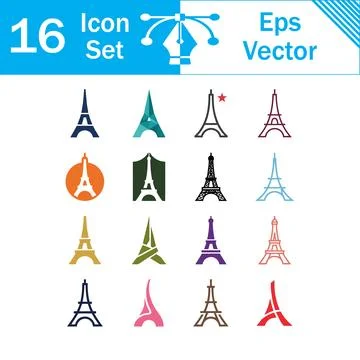 Set of 16 vector icons featuring the eiffel tower and paris landmarks Stock Illustration