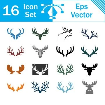 Set of 16 vector icons featuring deer horns and moose heads in various styles Stock Illustration