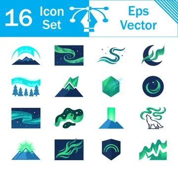 Set of 16 vector icons featuring northern lights and night landscapes Stock Illustration
