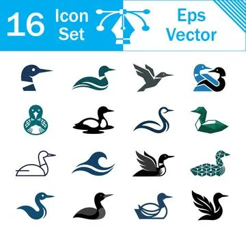 Set of 16 vector icons featuring duck silhouettes and water birds Stock Illustration