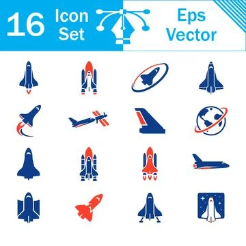 Set of 16 vector icons featuring space shuttles and rockets in blue and red Stock Illustration