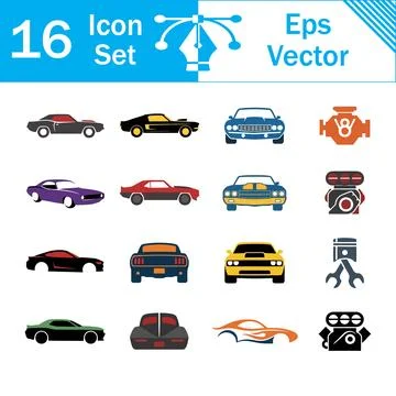 Set of 16 vector icons featuring classic muscle cars and engines Stock Illustration